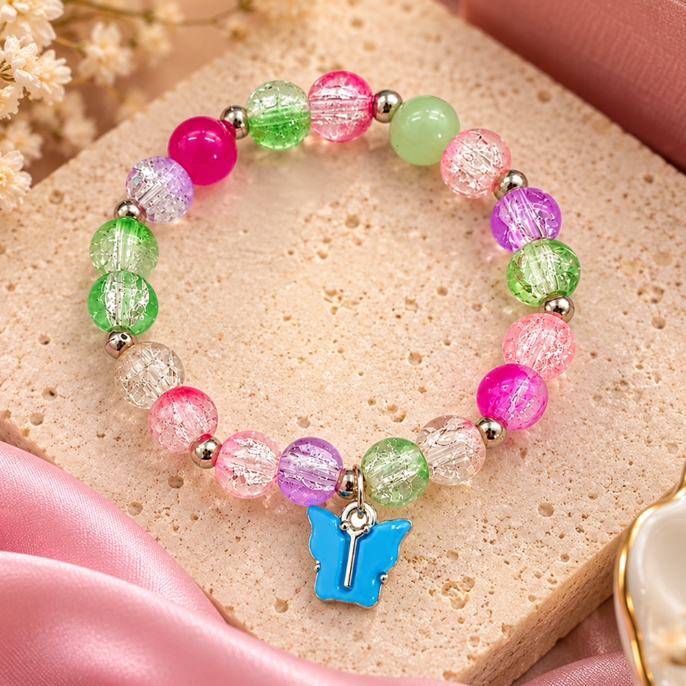 The99Jewel Multi Color Crackle Beads Bracelet with Butterfly Charm ( Assorted Color )