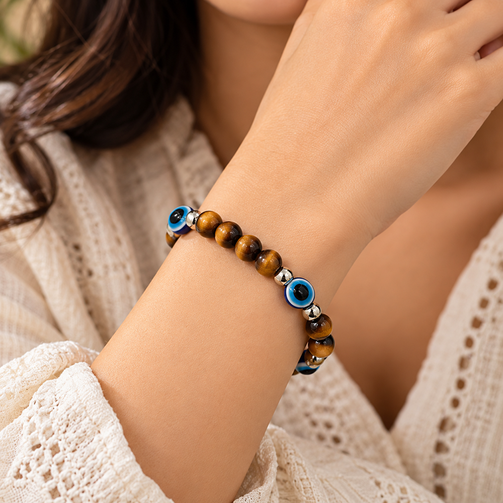 The99Jewel Trendy Tiger Beads Bracelet with Evil Eye Charms for Women & Men's