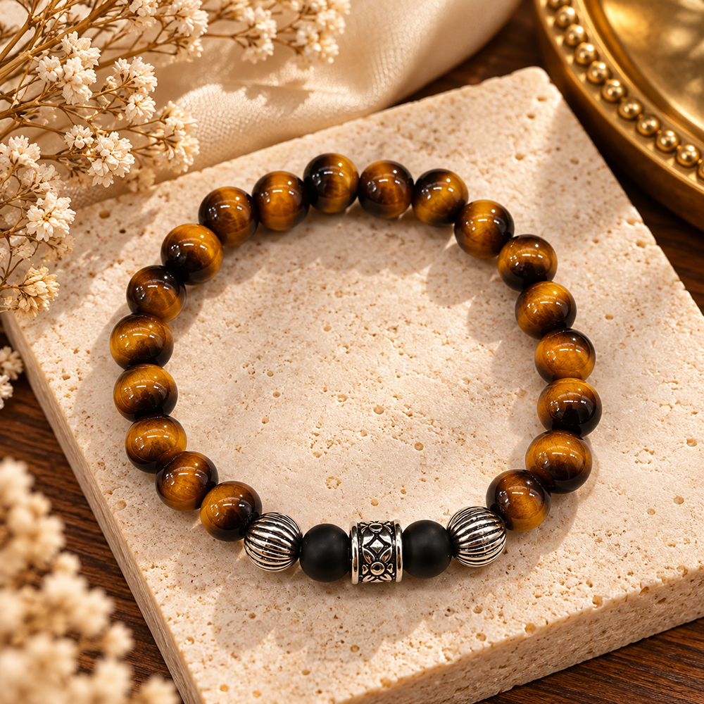 The99Jewel Trendy Tiger Beads Bracelet with Silver Charms for Women & Men's