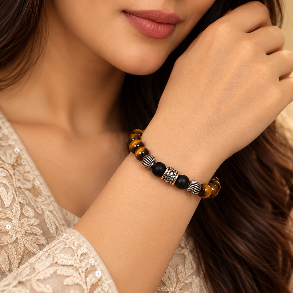 The99Jewel Trendy Tiger Beads Bracelet with Silver Charms for Women & Men's