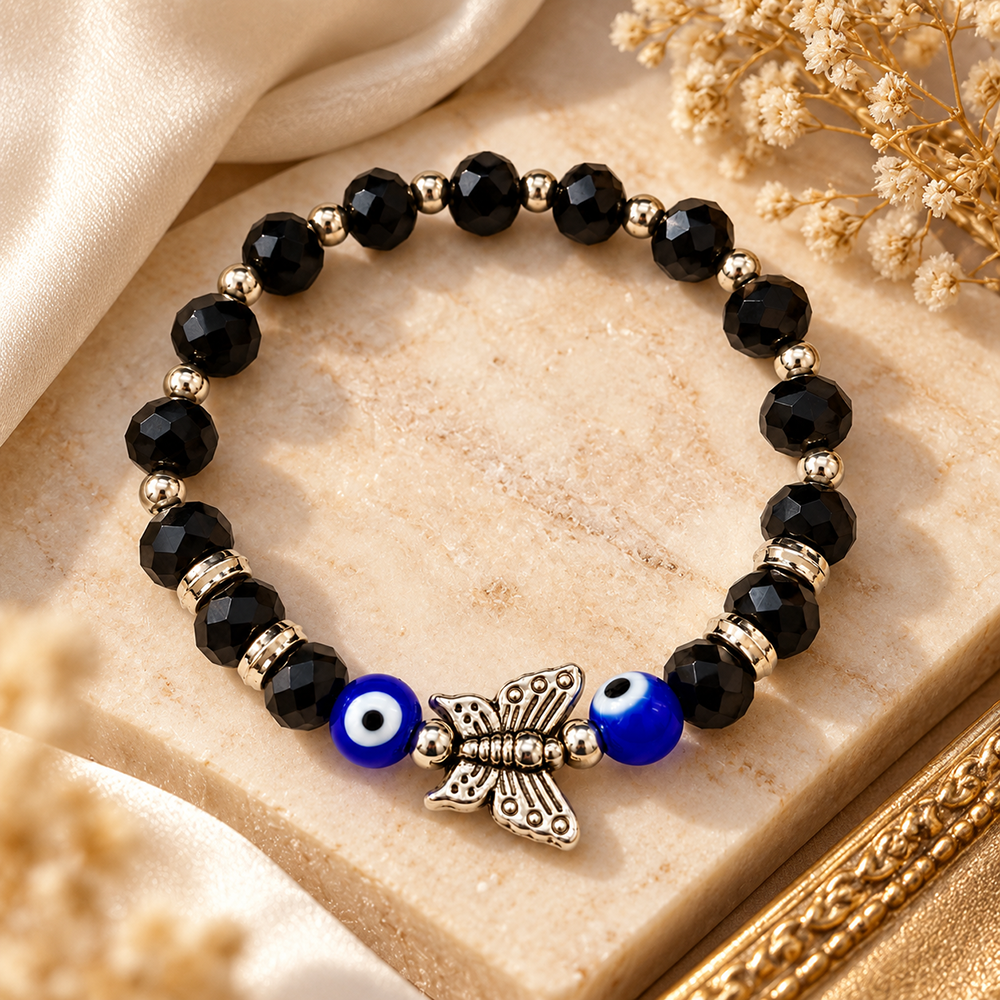 The99Jewel Trendy Black and Evil Eye Beads Bracelet with Butterfly Charm for Women