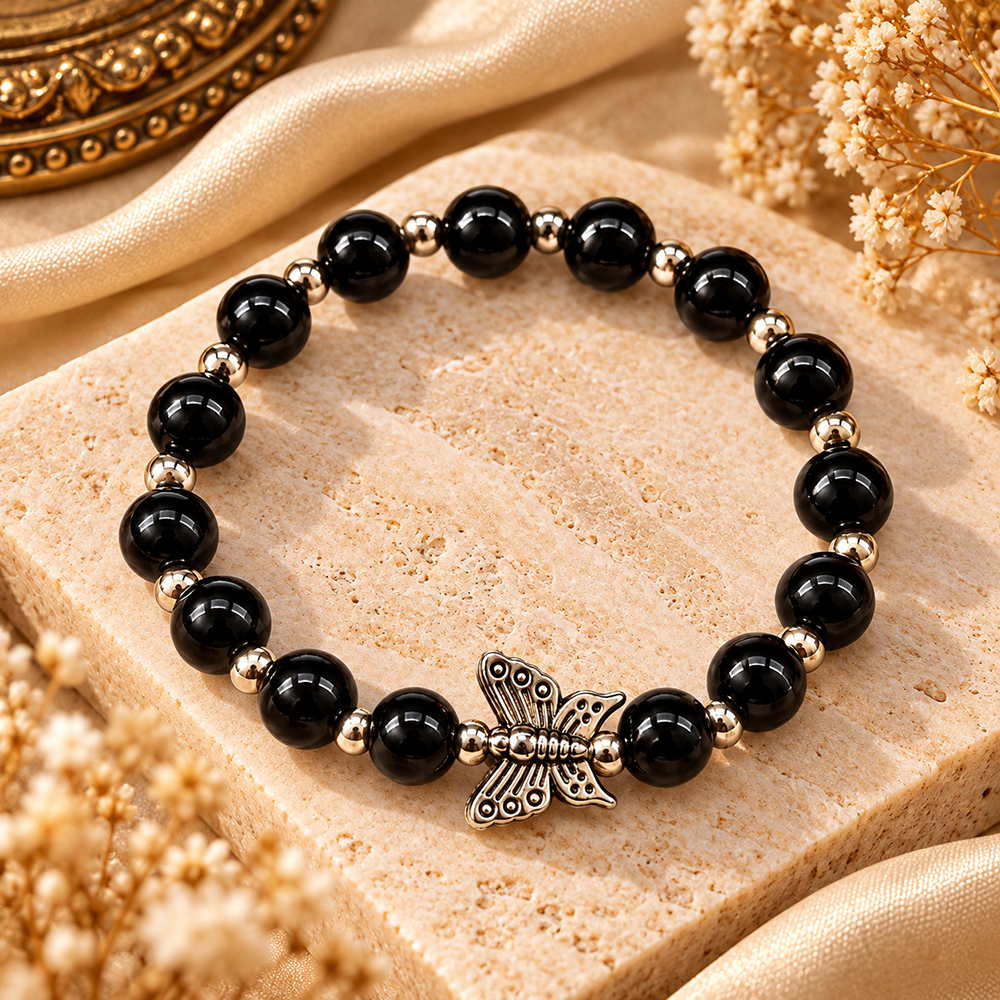 The99Jewel Trendy Black Beads Bracelet with Butterfly Charm for Women