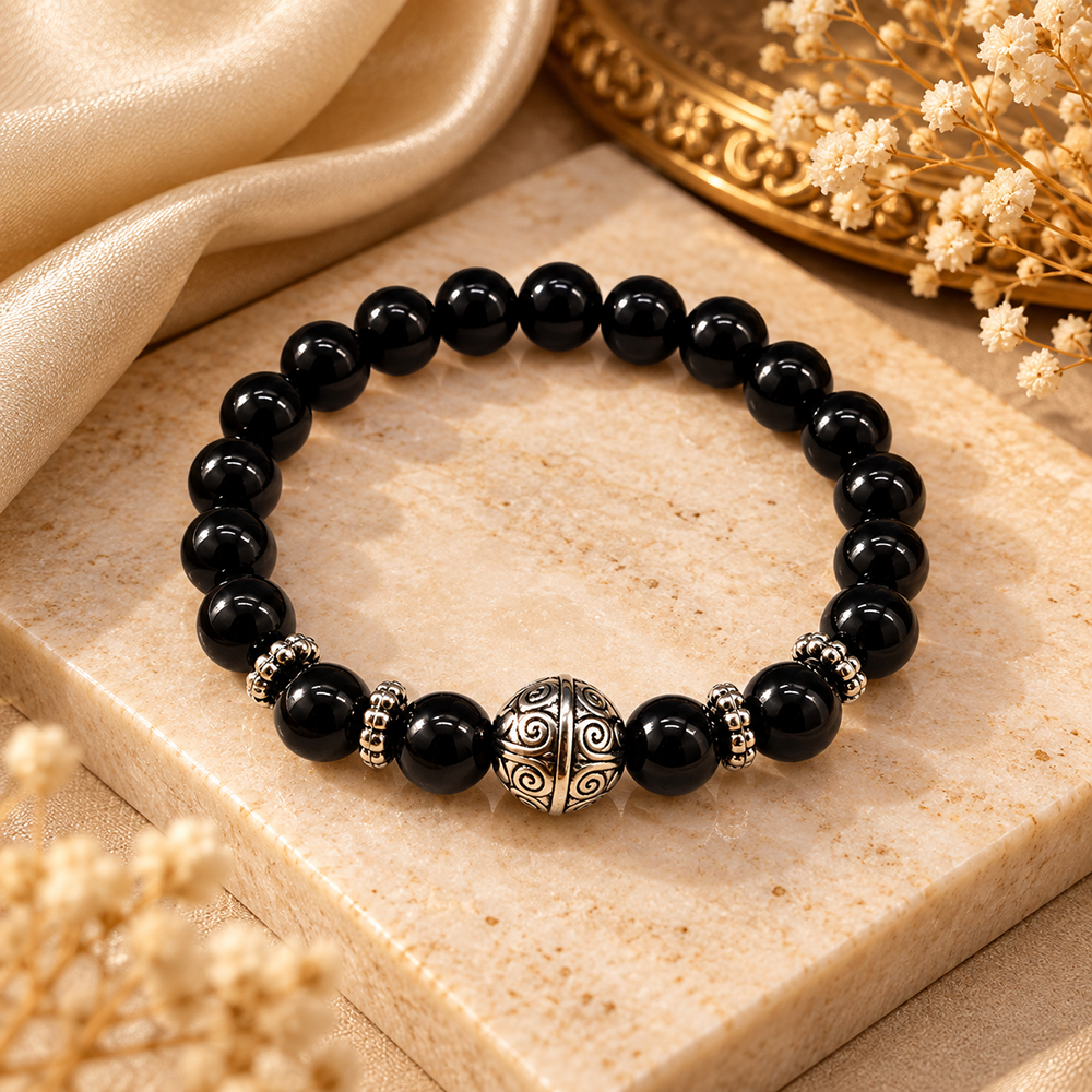 The99Jewel Trendy Black Beads Bracelet with Silver Ball Charm for Women & Men's