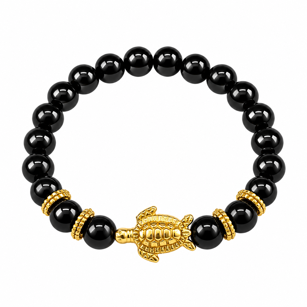 The99Jewel Trendy Black Beads Bracelet with Gold Plated Turtle Charm for Women & Men's