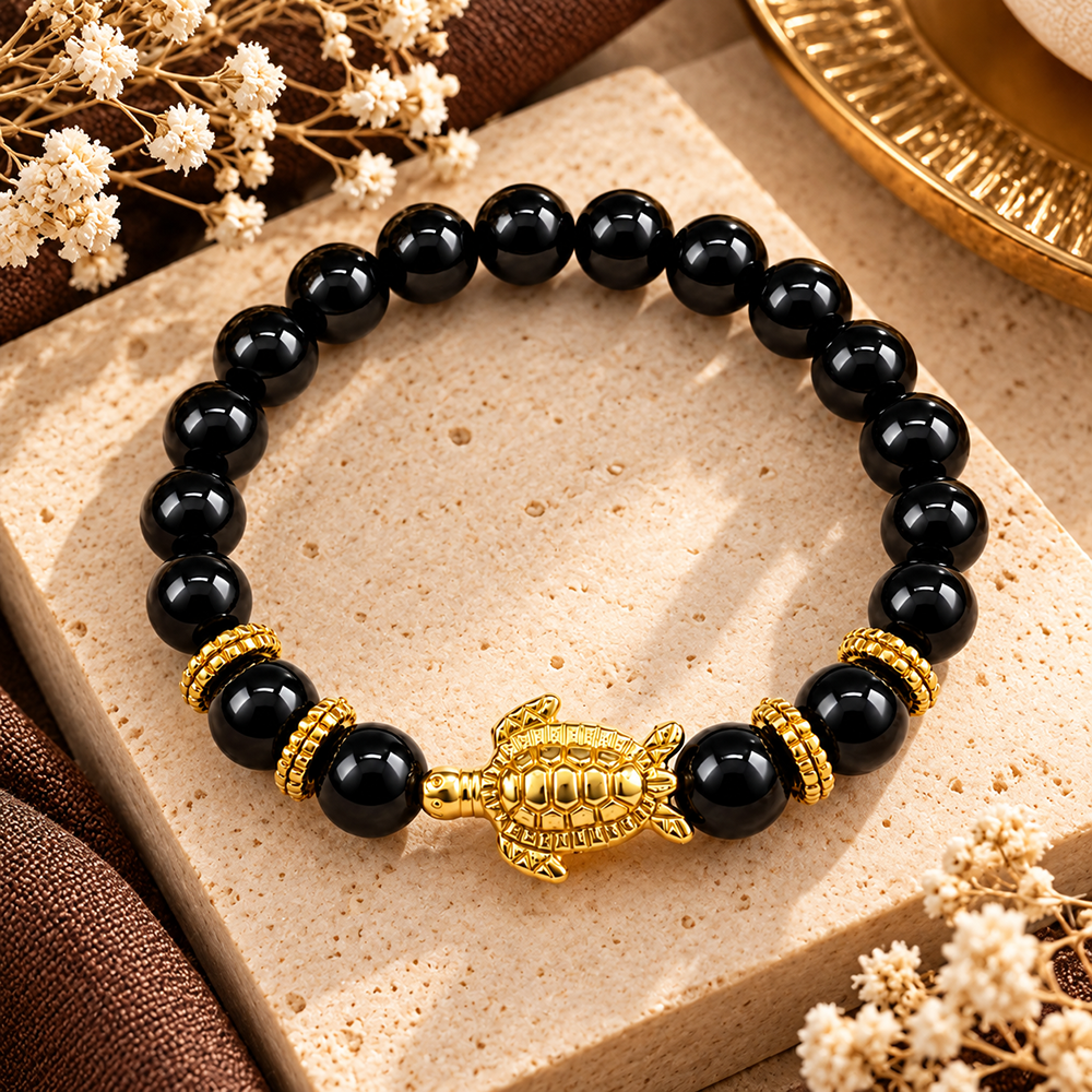 The99Jewel Trendy Black Beads Bracelet with Gold Plated Turtle Charm for Women & Men's