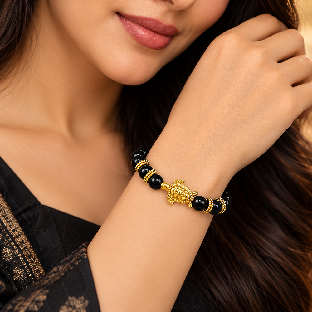The99Jewel Trendy Black Beads Bracelet with Gold Plated Turtle Charm for Women & Men's