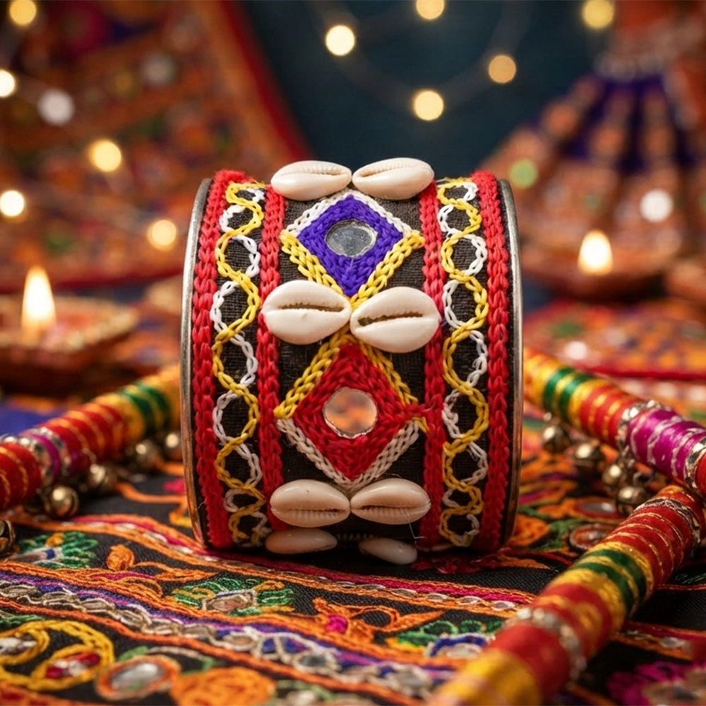 The99Jewel Traditional Cuff Kada Bracelet with shell beads and mirror work . 