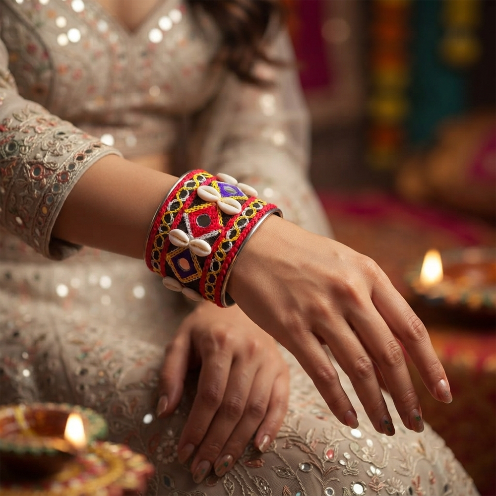 The99Jewel Traditional Cuff Kada Bracelet with shell beads and mirror work .