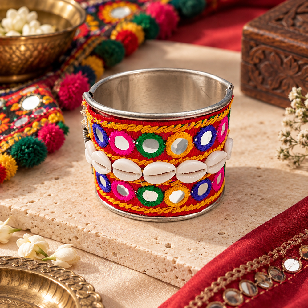 The99Jewel Traditional Cuff Kada Bracelet with shell beads and mirror work