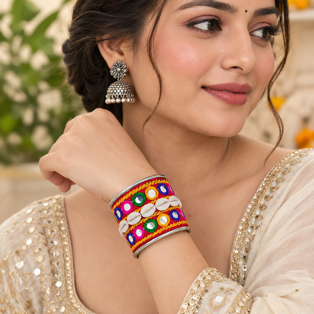 The99Jewel Traditional Cuff Kada Bracelet with shell beads and mirror work