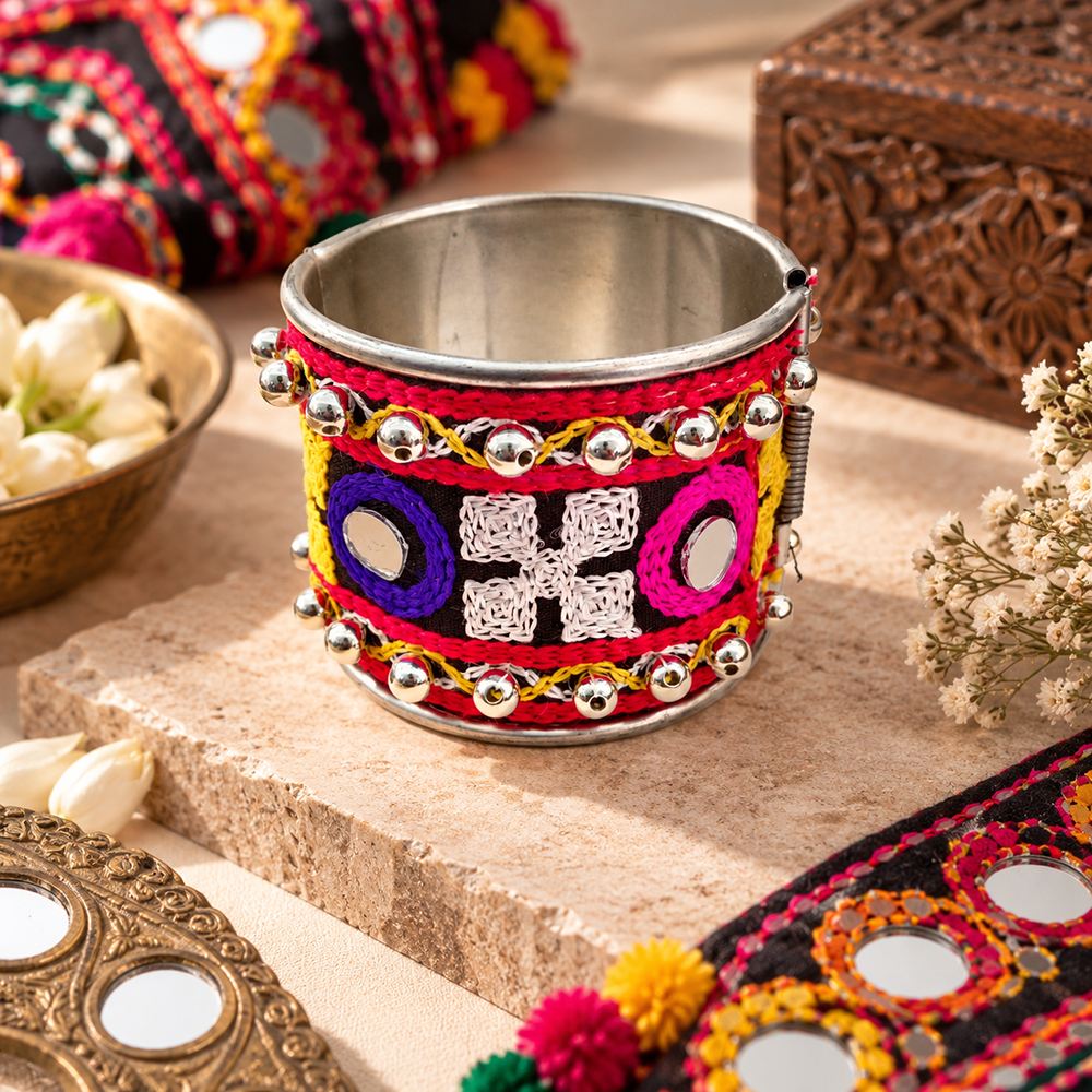 The99Jewel Traditional Cuff Kada Bracelet with Ghungroo beads and mirror work