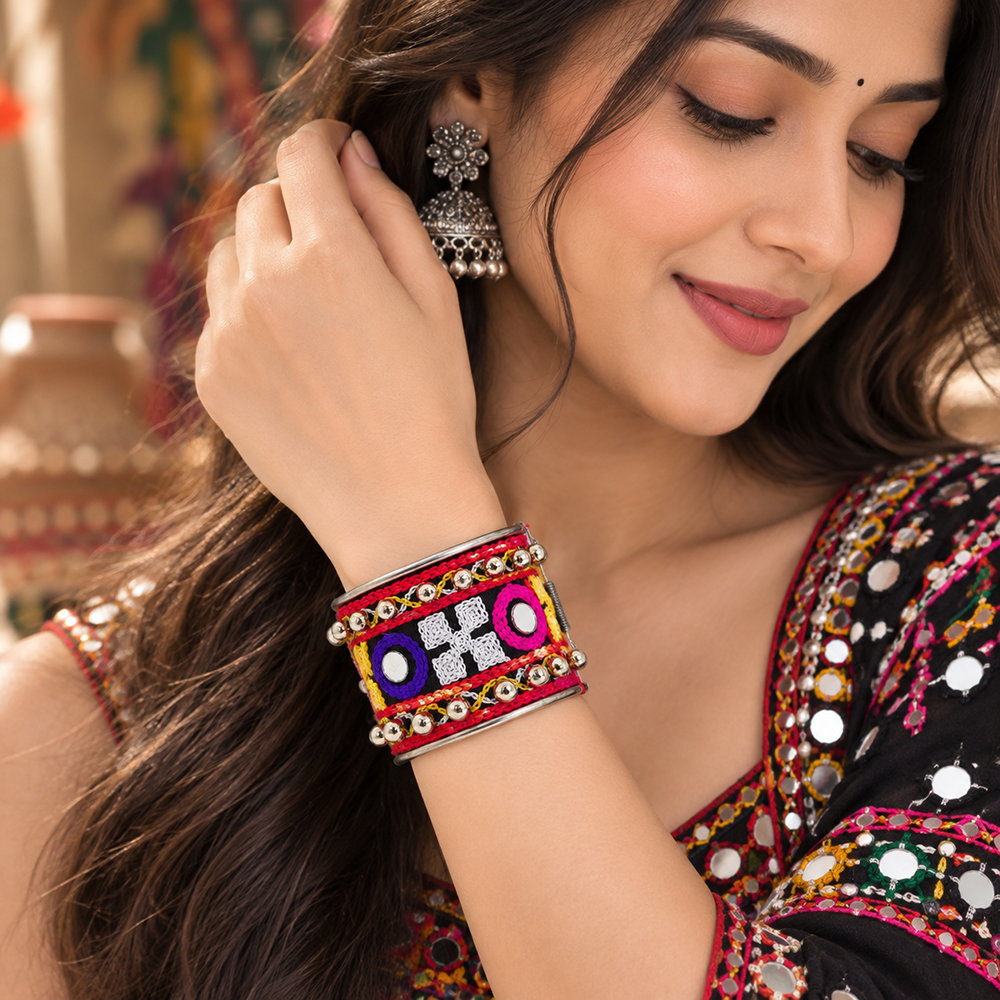 The99Jewel Traditional Cuff Kada Bracelet with Ghungroo beads and mirror work