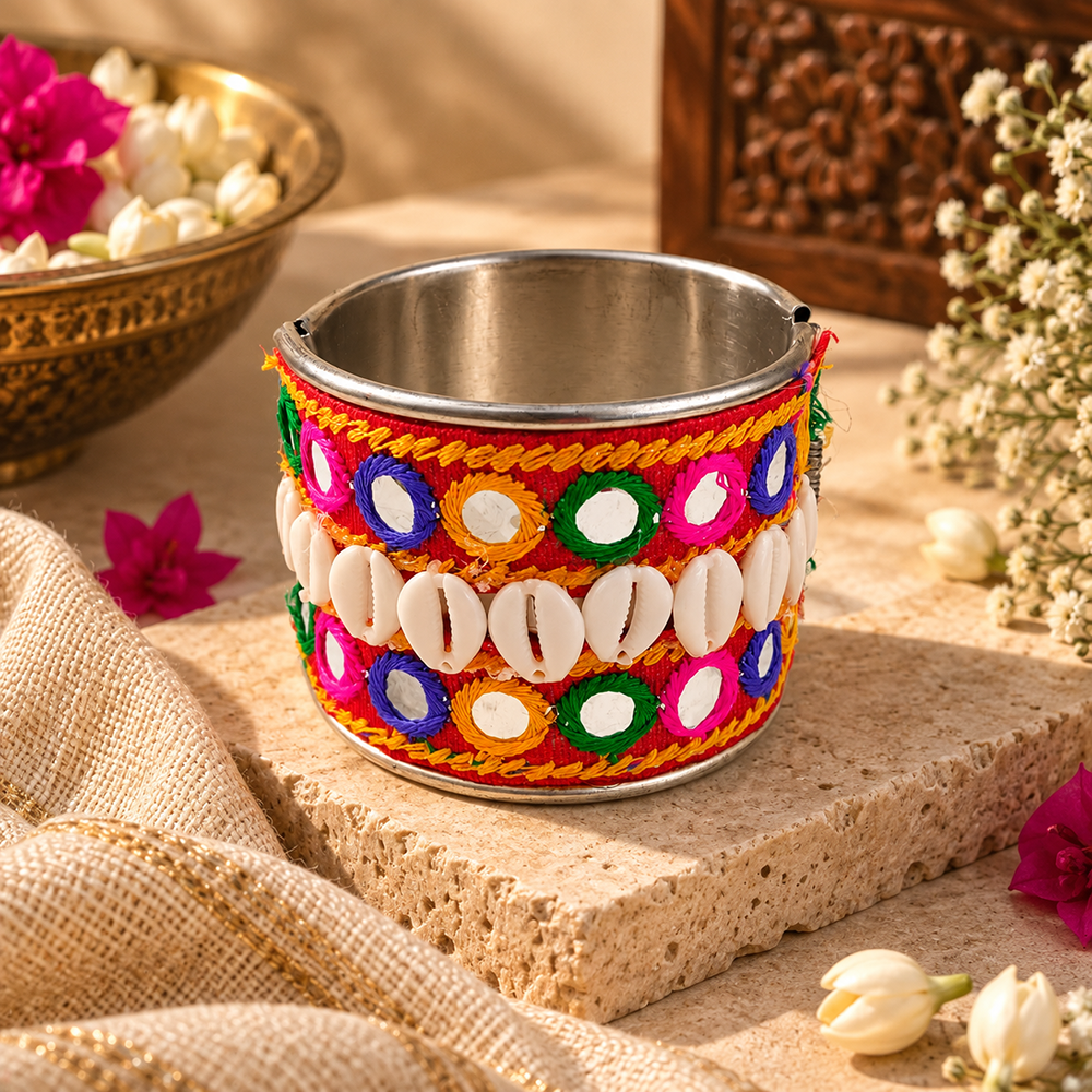 The99Jewel Traditional Cuff Kada Bracelet with Shell beads and mirror work