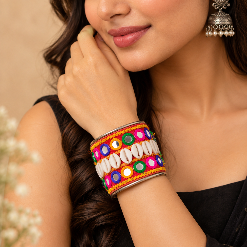 The99Jewel Traditional Cuff Kada Bracelet with Shell beads and mirror work