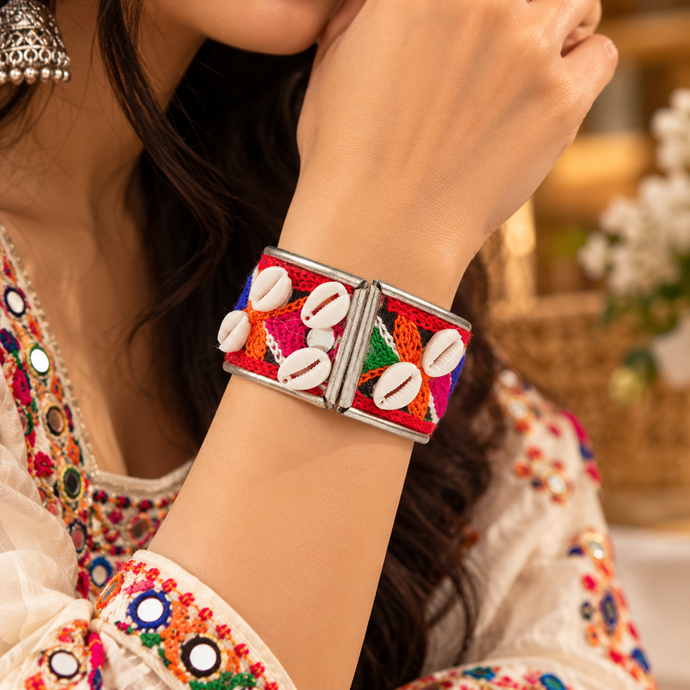 The99Jewel Colourful Navratri Shell & Mirror Work Traditional Kada Bracelet