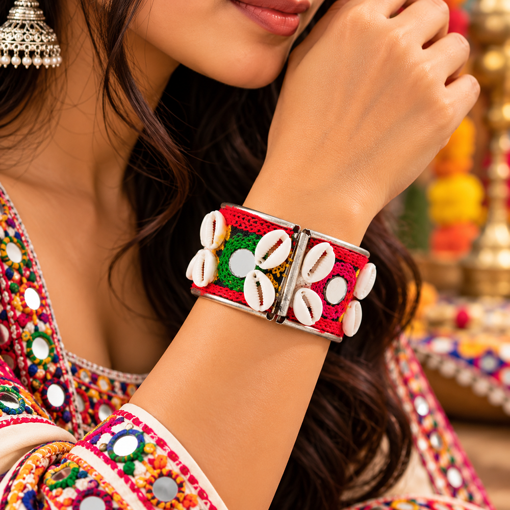 The99Jewel Colourful Navratri Shell & Mirror Work Traditional Kada Bracelet
