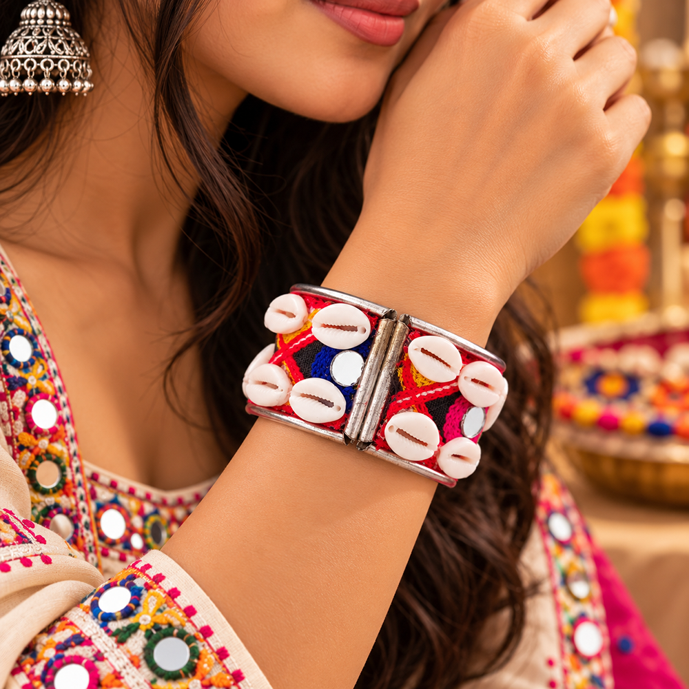 The99Jewel Colourful Navratri Shell & Mirror Work Traditional Kada Bracelet