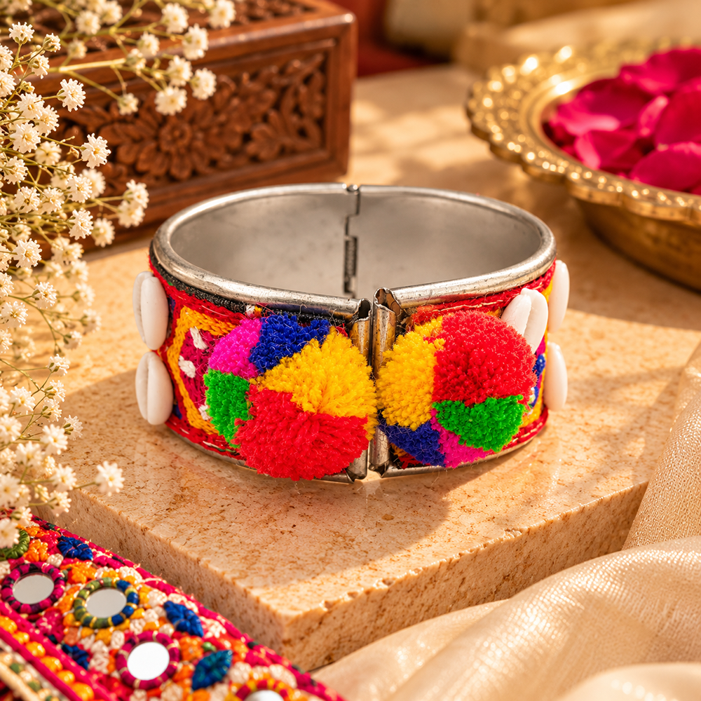 The99Jewel Vibrant Navratri Pom Pom Shell & Mirror Work Designer Kada Bracelet for Women