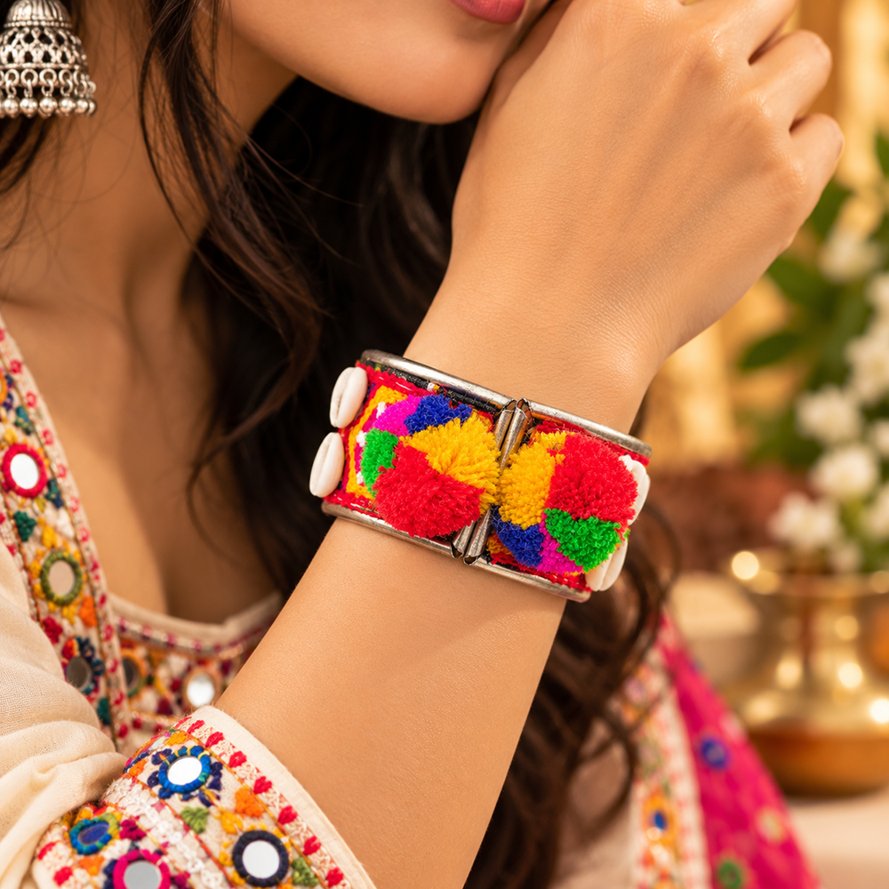 The99Jewel Vibrant Navratri Pom Pom Shell & Mirror Work Designer Kada Bracelet for Women