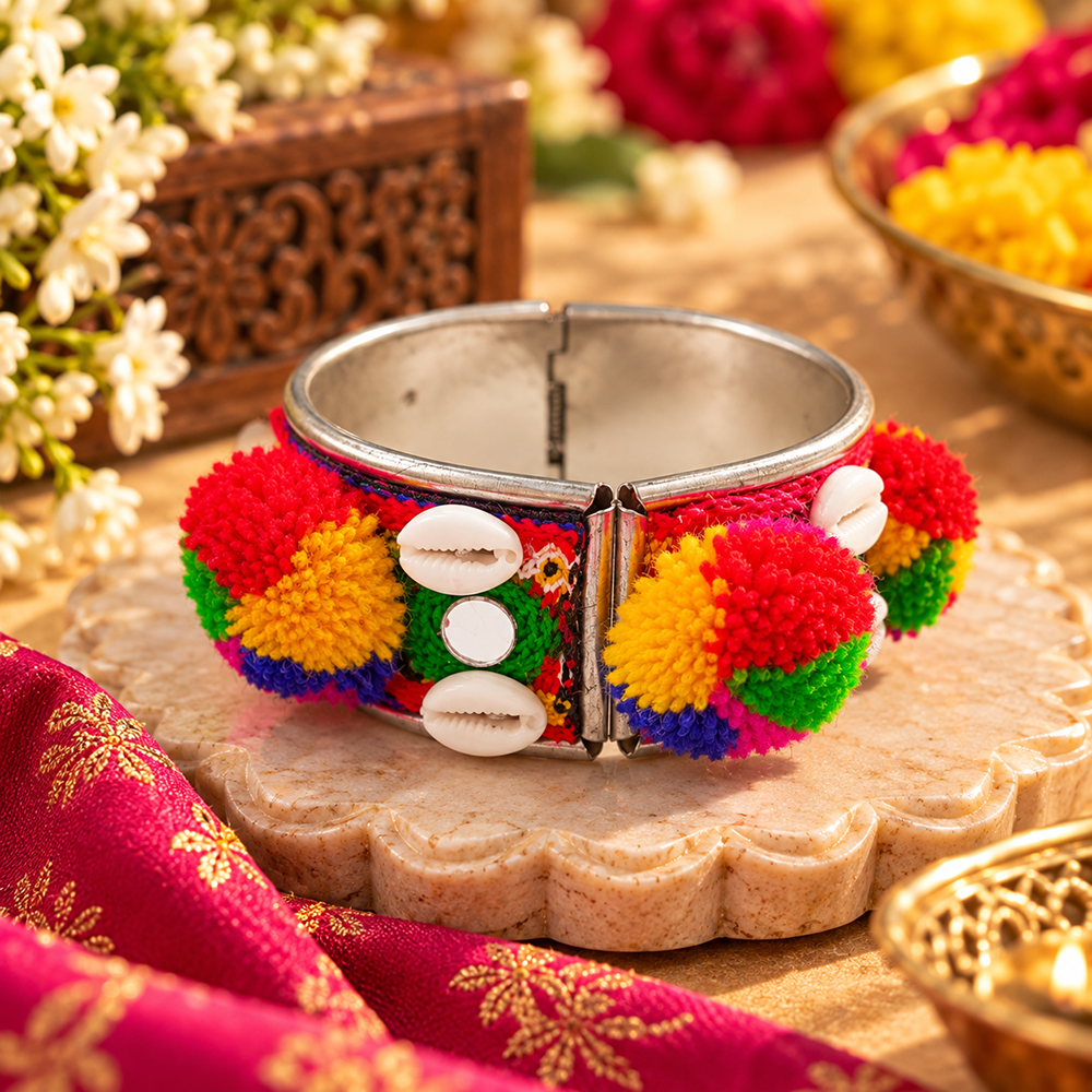 The99Jewel Vibrant Navratri Pom Pom Shell & Mirror Work Designer Kada Bracelet for Women
