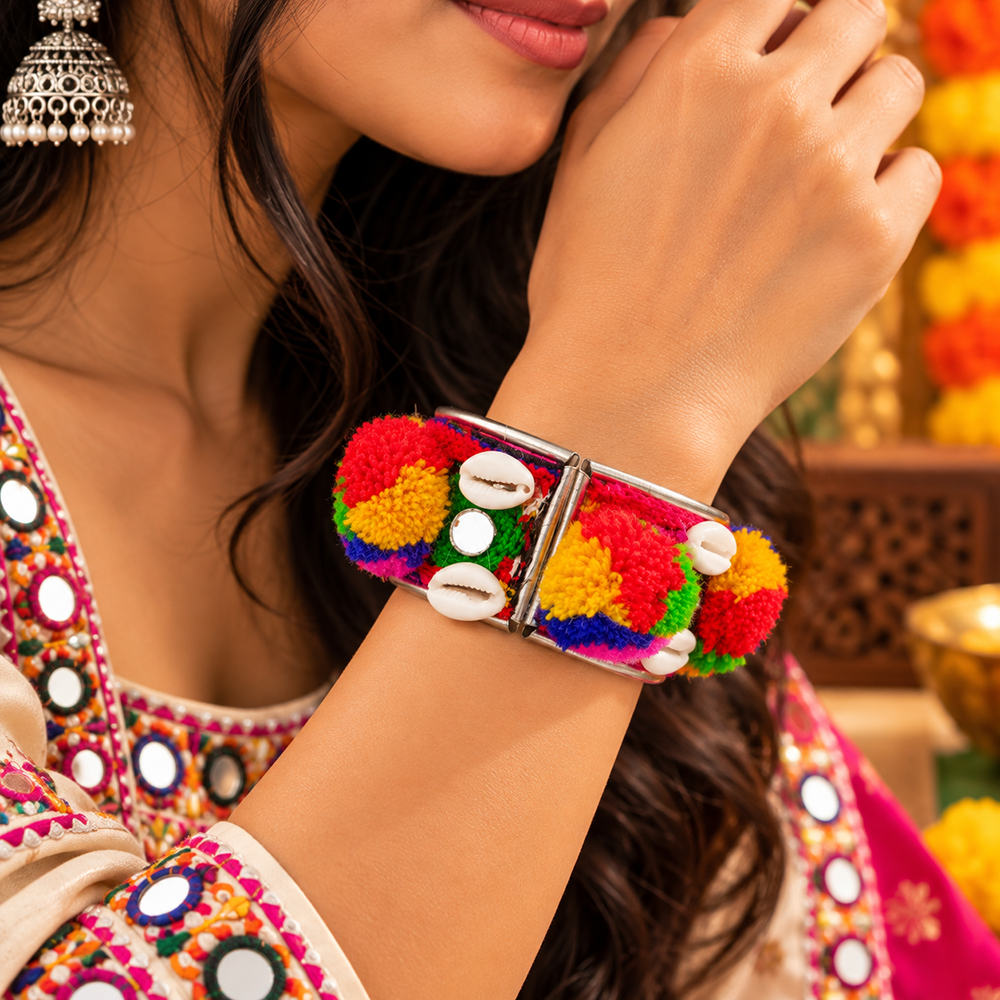 The99Jewel Vibrant Navratri Pom Pom Shell & Mirror Work Designer Kada Bracelet for Women