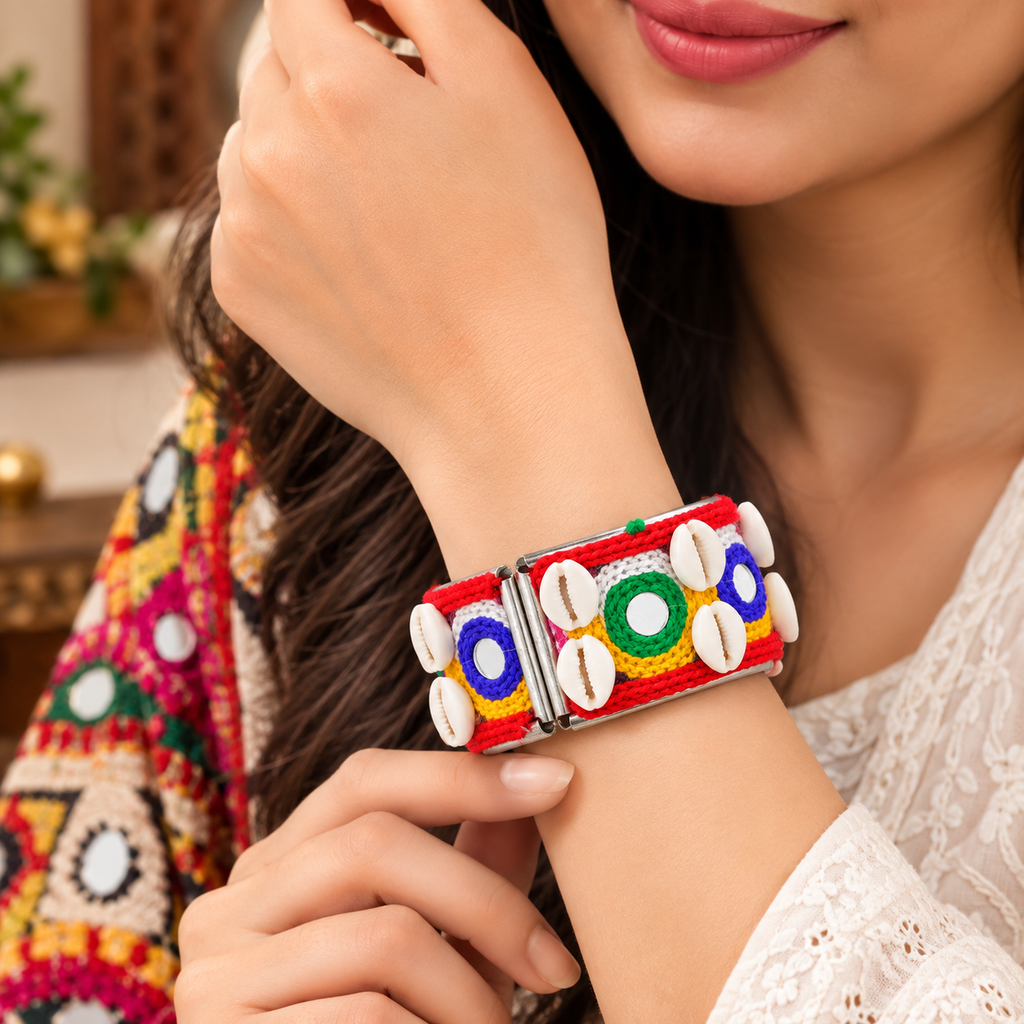 The99Jewel Colourful Navratri Shell & Mirror Work Traditional Kada Bracelet
