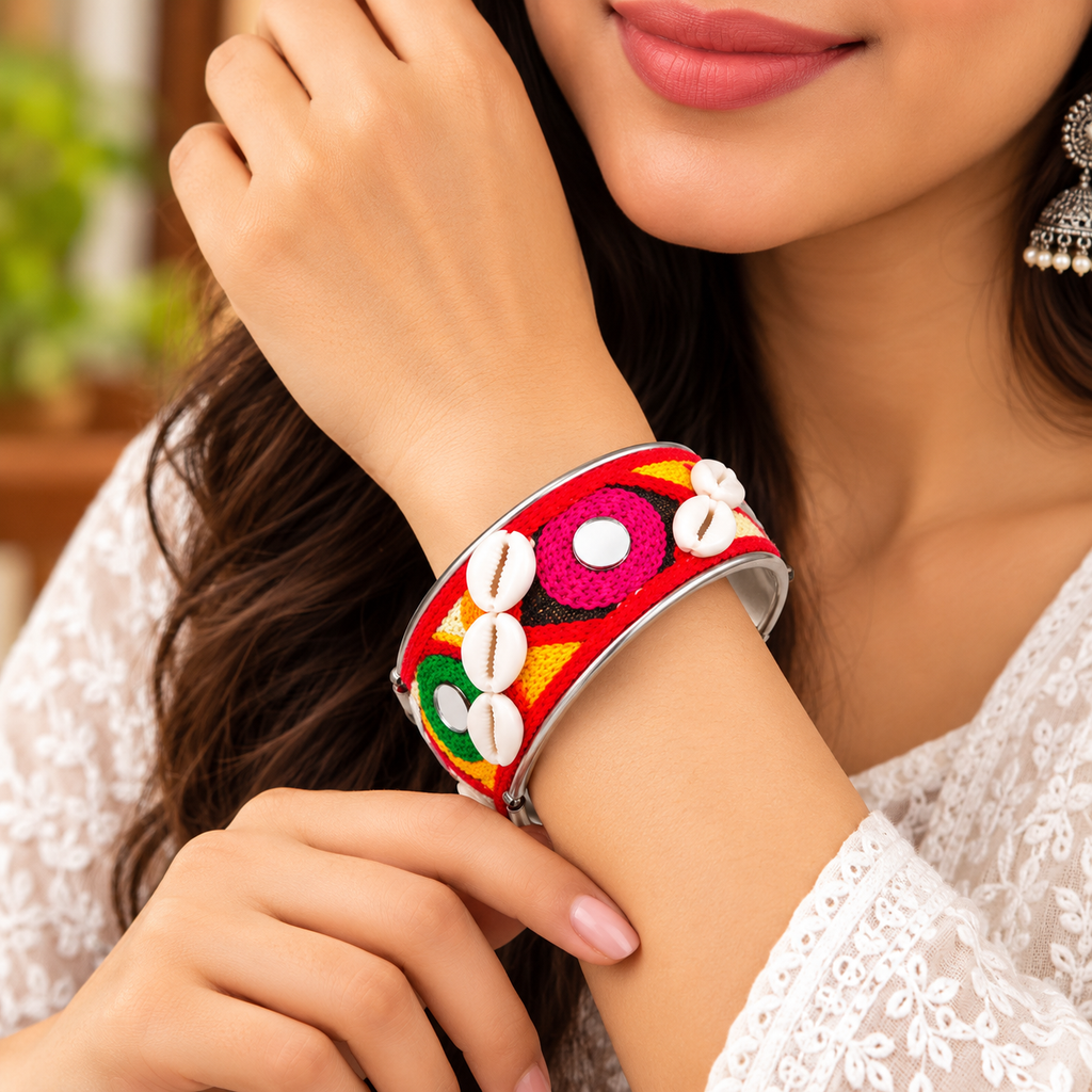 The99Jewel Colourful Navratri Shell & Mirror Work Traditional Kada Bracelet