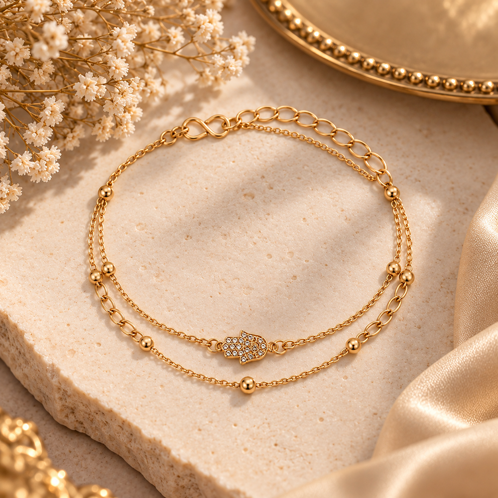 The99Jewel Rose Gold Plated Austrian Stone Hamsa Charm Adjustable Chain Bracelet