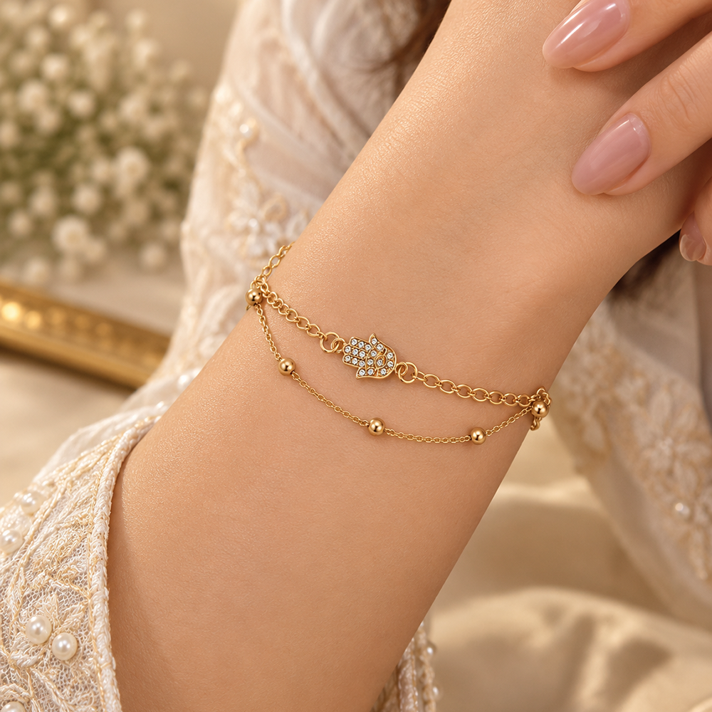 The99Jewel Rose Gold Plated Austrian Stone Hamsa Charm Adjustable Chain Bracelet