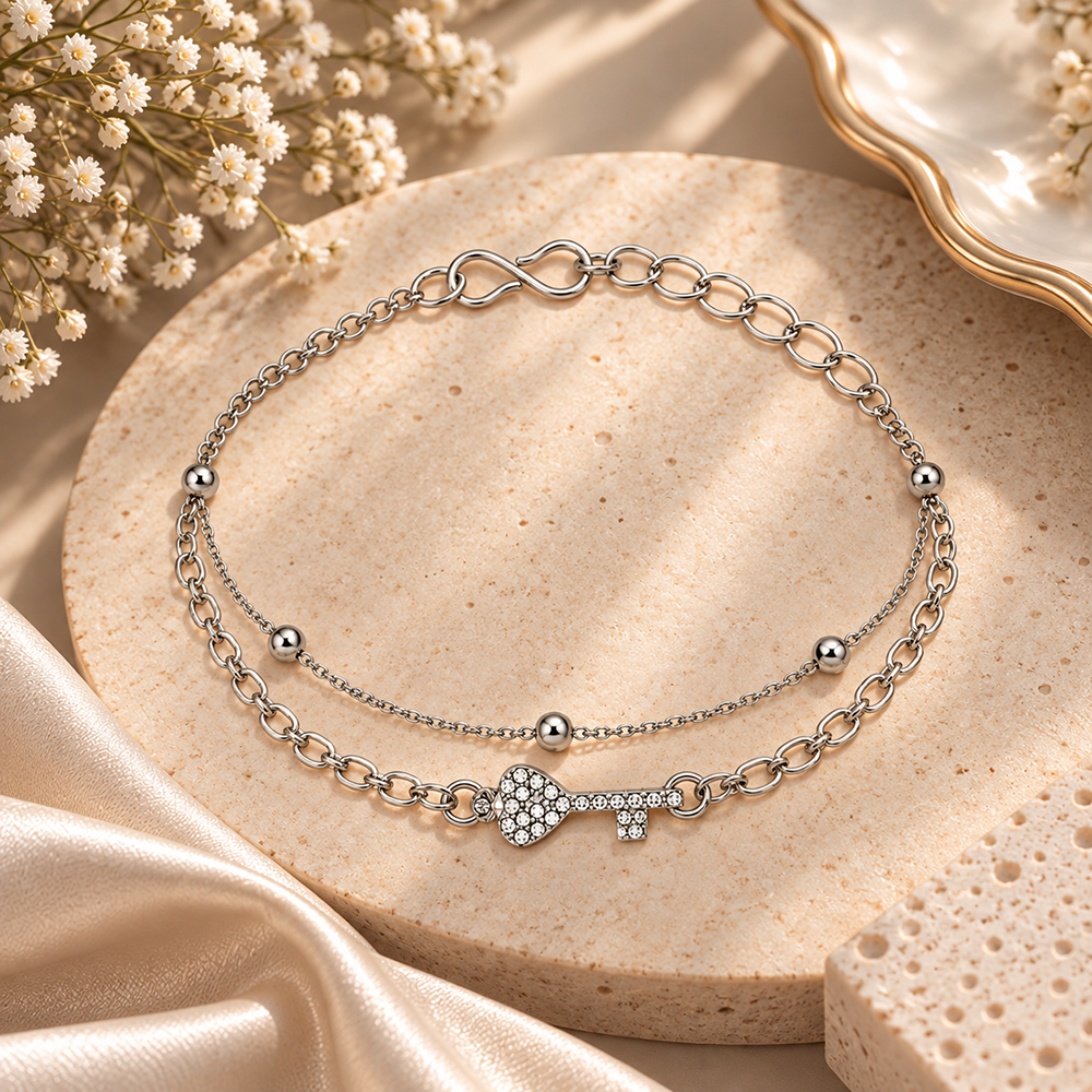The99Jewel Silver Plated Austrian Stone Key Charm Adjustable Chain Bracelet