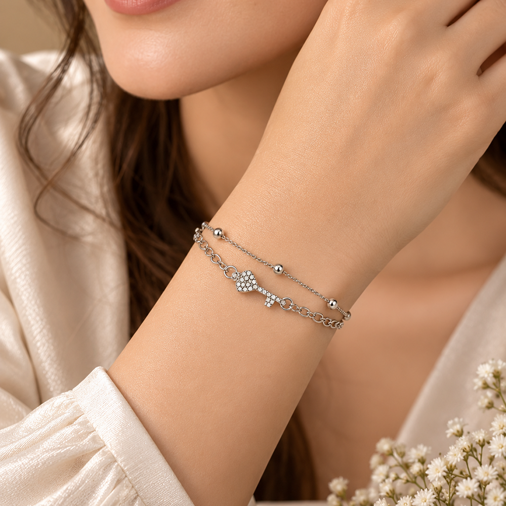 The99Jewel Silver Plated Austrian Stone Key Charm Adjustable Chain Bracelet
