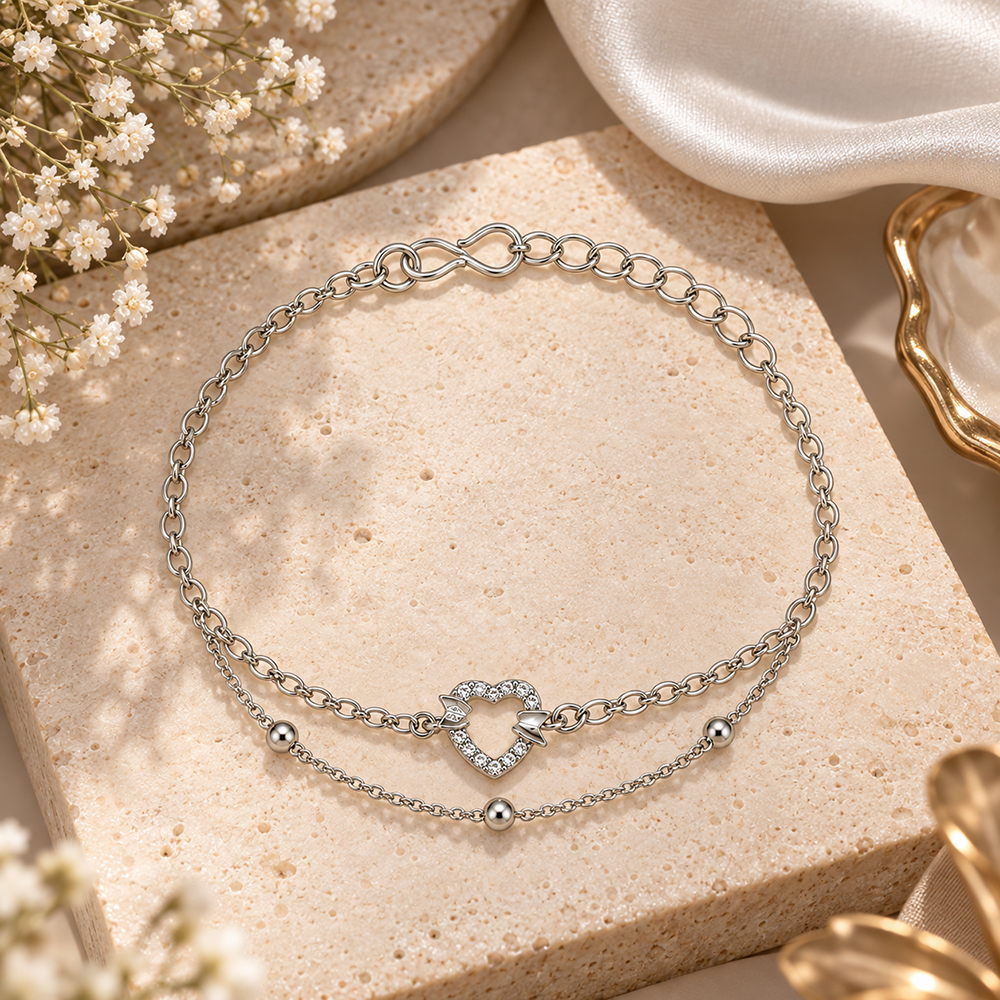 The99Jewel Silver Plated Austrian Stone Heart with Butterfly  Charm Adjustable Chain Bracelet
