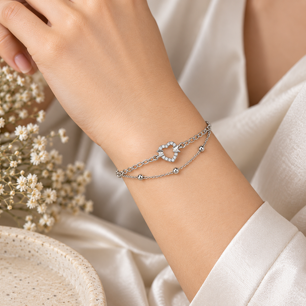 The99Jewel Silver Plated Austrian Stone Heart with Butterfly  Charm Adjustable Chain Bracelet