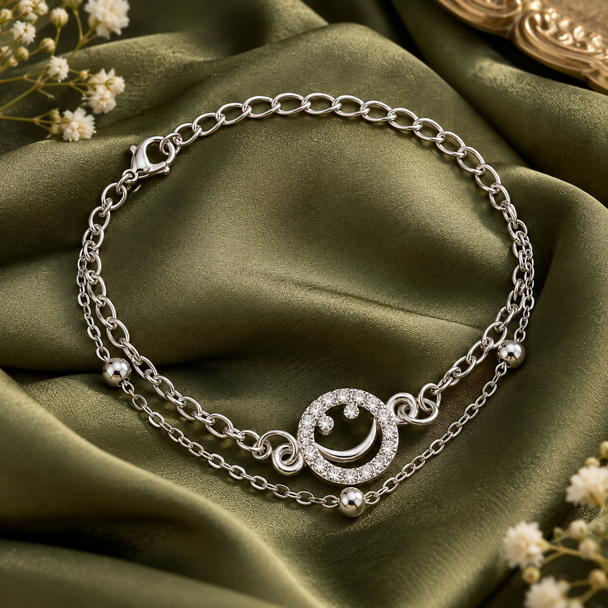 The99Jewel Graceful Silver Plated Austrian Stone Adjustable Bracelet with Smile Face Shape Charm