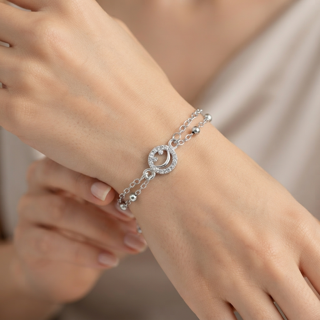 The99Jewel Graceful Silver Plated Austrian Stone Adjustable Bracelet with Smile Face Shape Charm