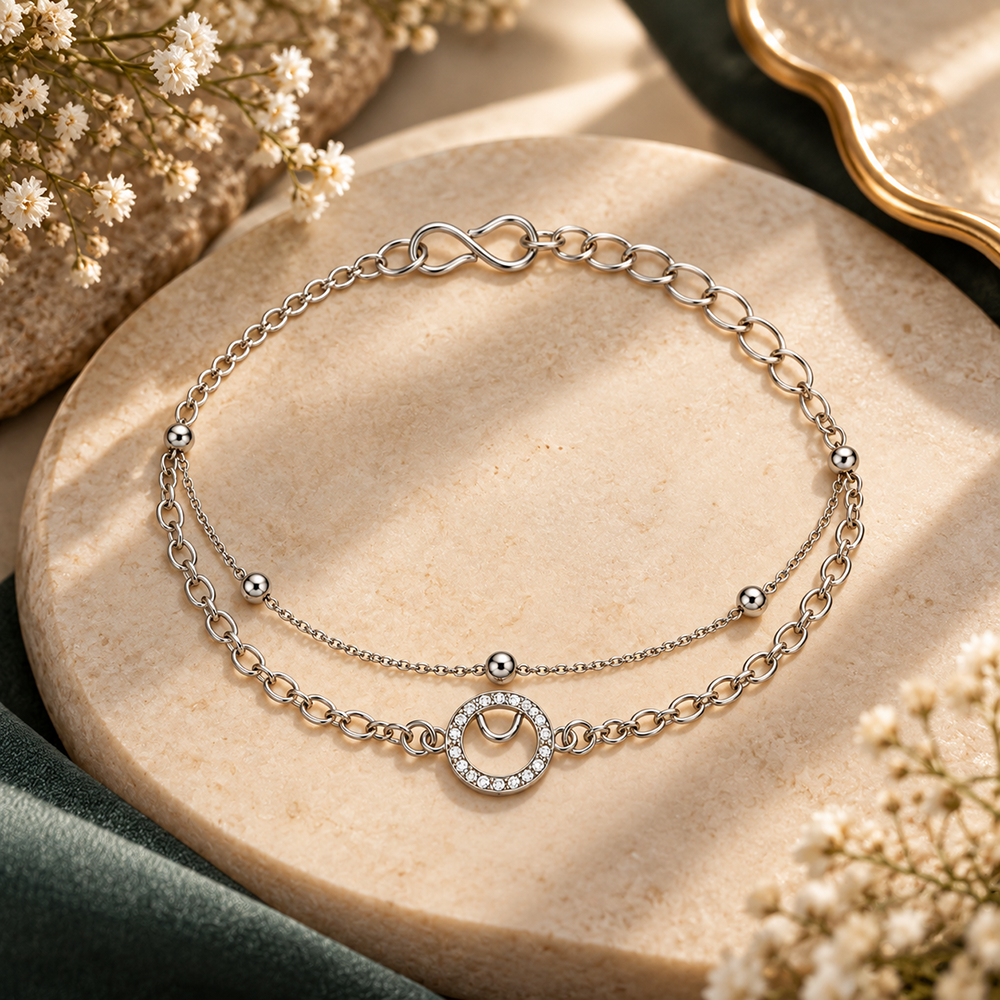 The99Jewel Silver Plated Austrian Stone Circle with Heart  Charm Adjustable Chain Bracelet