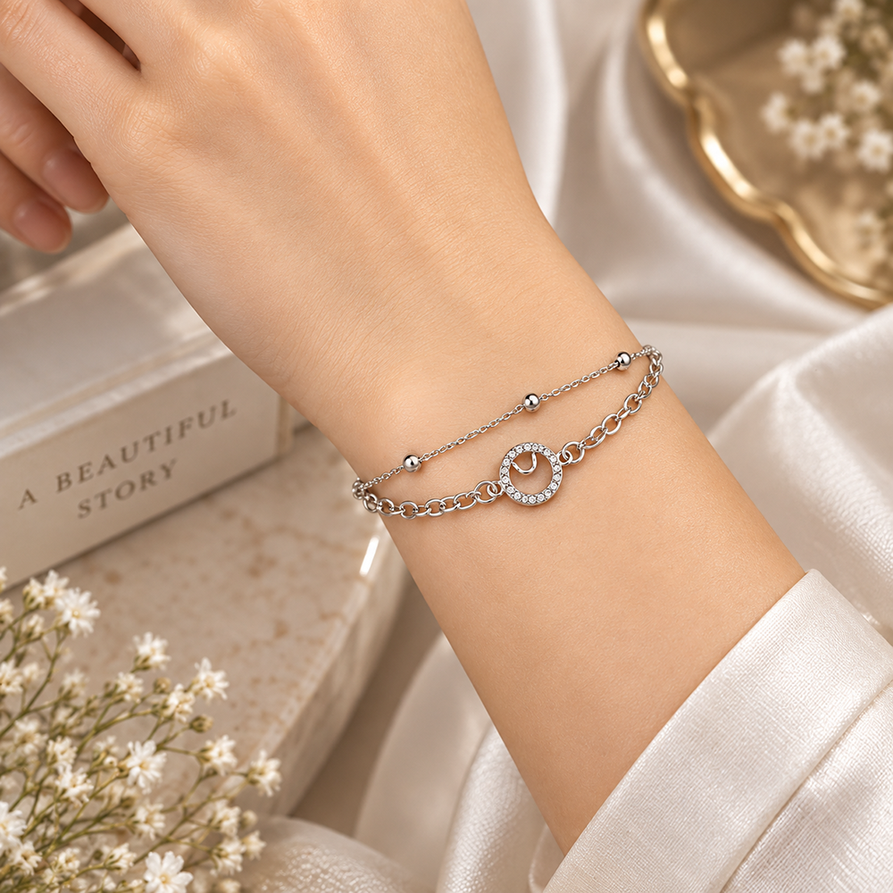 The99Jewel Silver Plated Austrian Stone Circle with Heart  Charm Adjustable Chain Bracelet