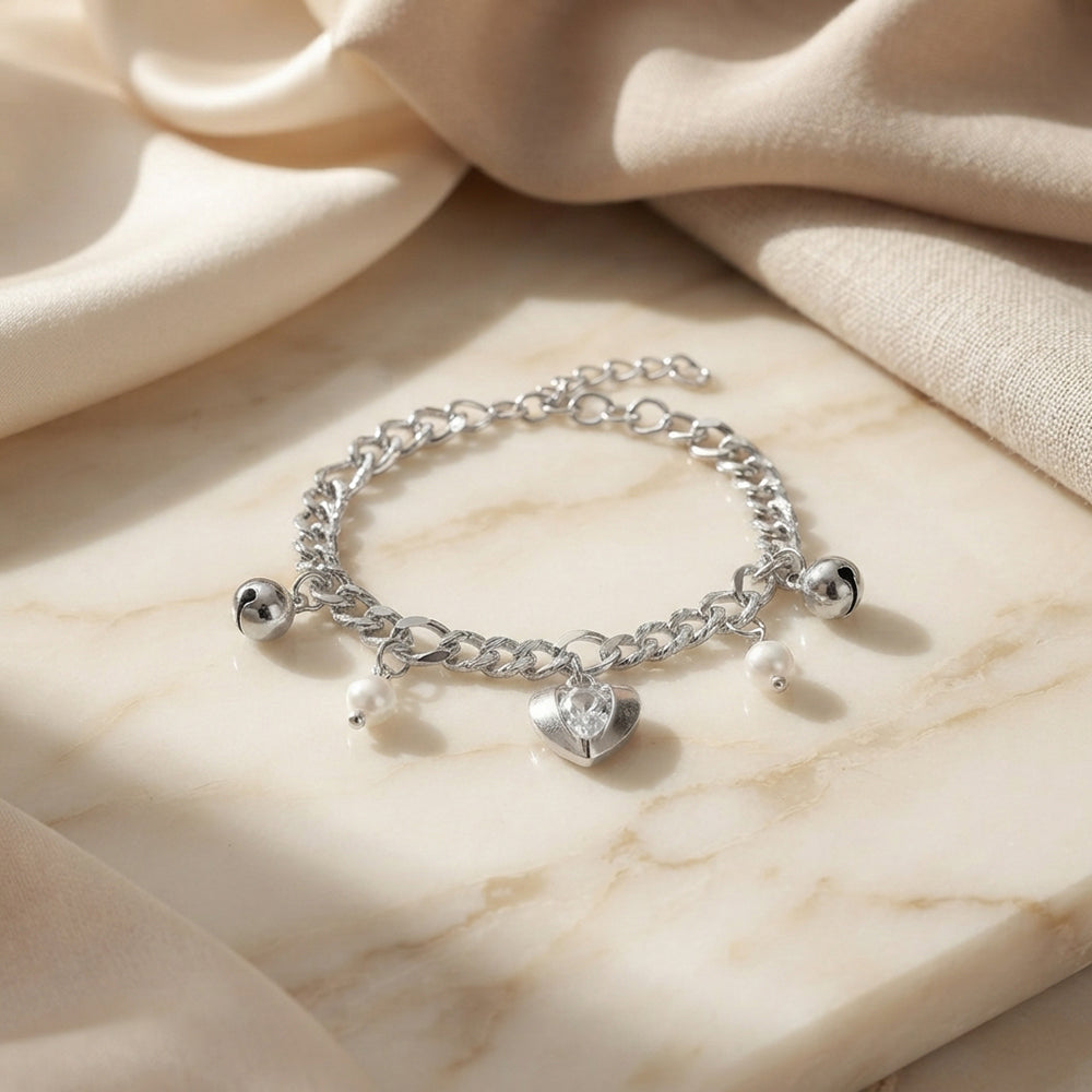 The99Jewel Fashionable Silver Plated With Heart Shape Charm Bracelet with Pearl Drops