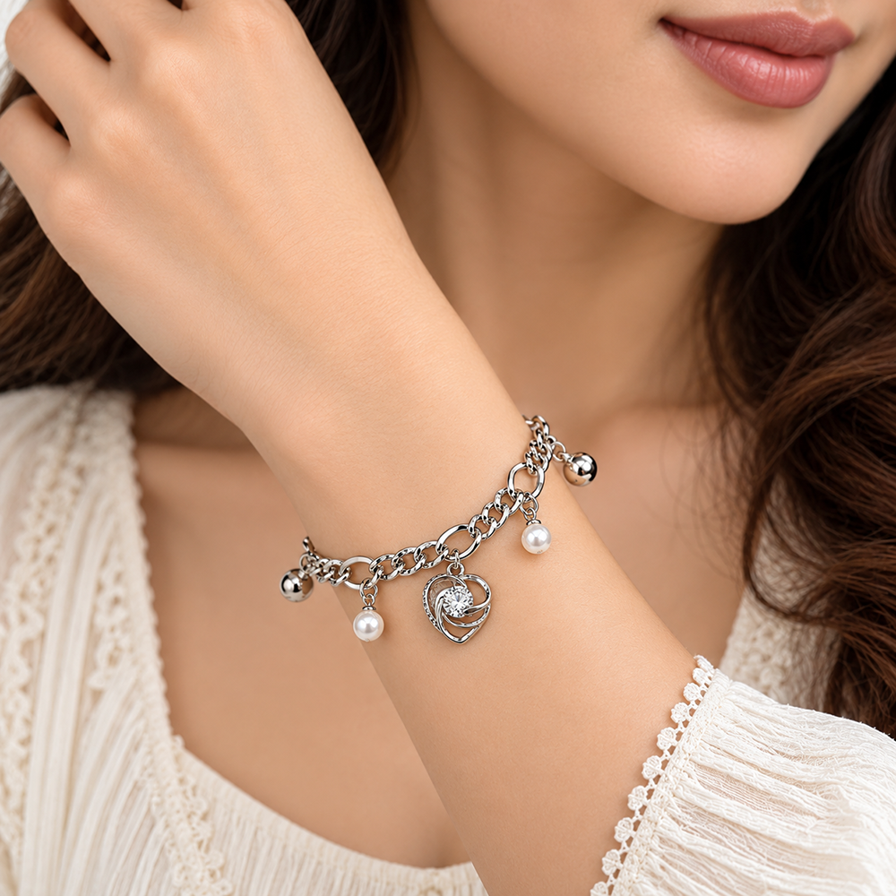 The99Jewel Fashionable Silver Plated With Heart Shape Charm Bracelet with Pearl Drops