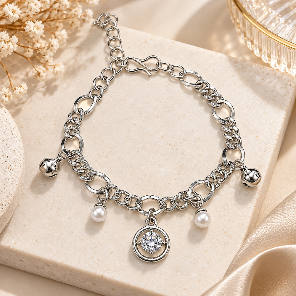 The99Jewel Fashionable Silver Plated With Round Shape Charm Bracelet with Pearl Drops
