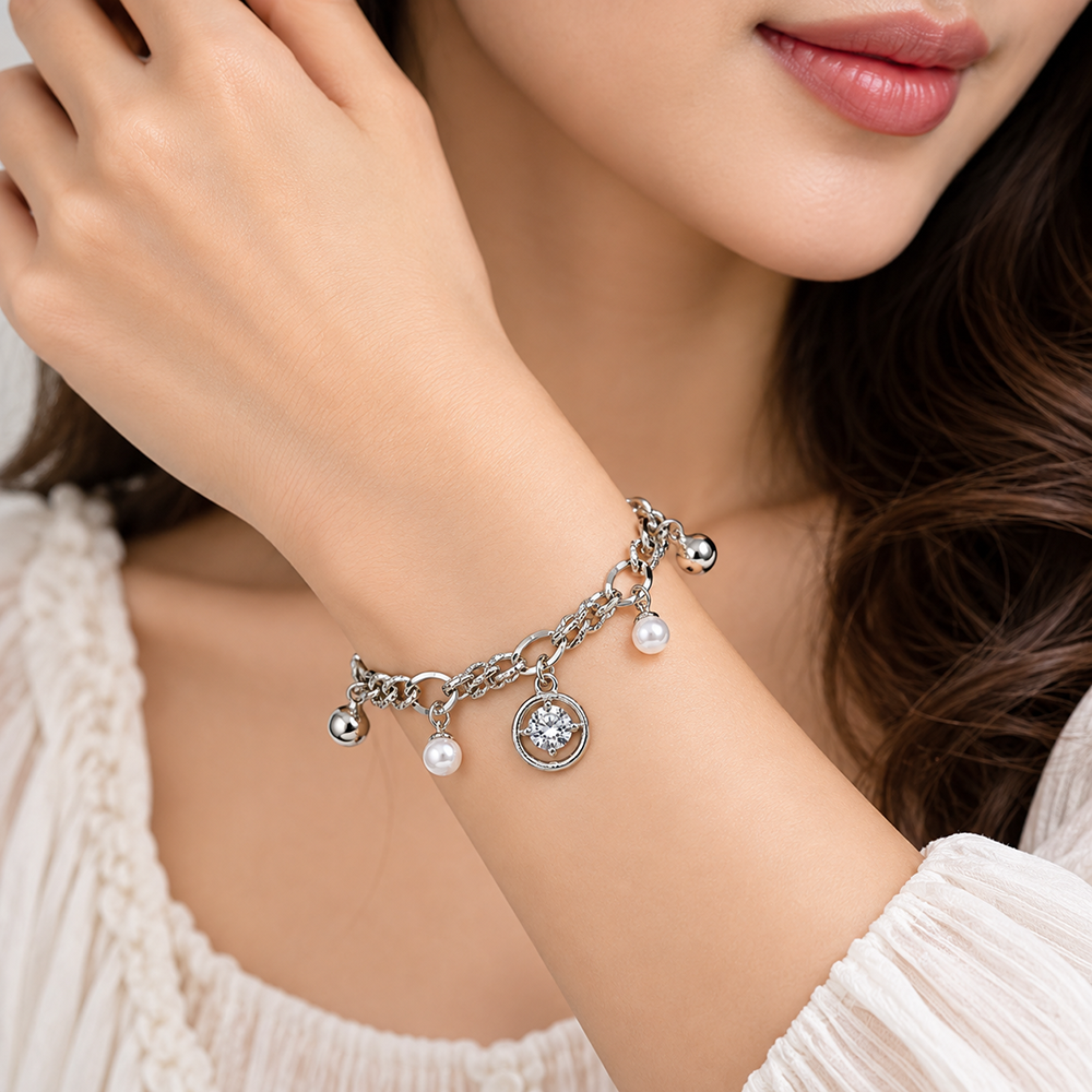 The99Jewel Fashionable Silver Plated With Round Shape Charm Bracelet with Pearl Drops