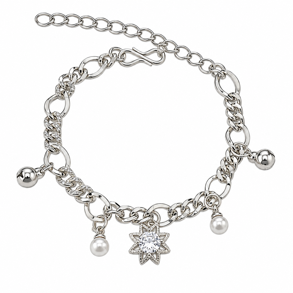 The99Jewel Fashionable Silver Plated With Floral Shape Charm Bracelet with Pearl Drops