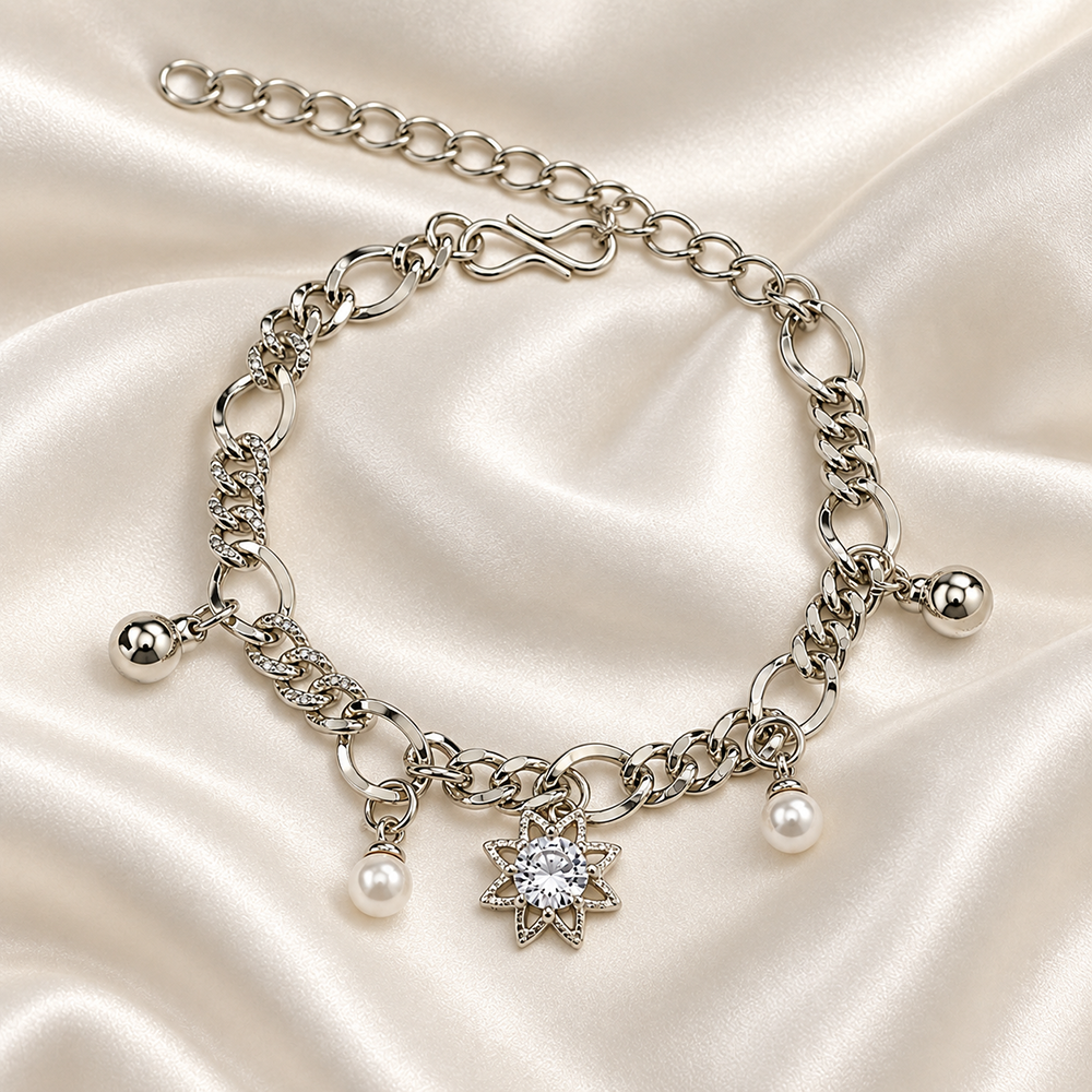 The99Jewel Fashionable Silver Plated With Floral Shape Charm Bracelet with Pearl Drops