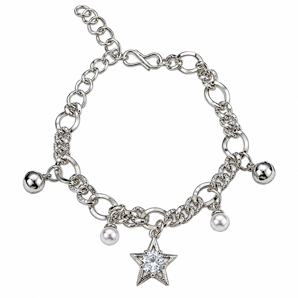 The99Jewel Fashionable Silver Plated With Star Shape Charm Bracelet with Pearl Drops