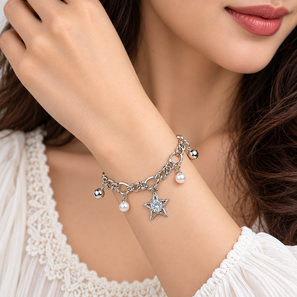 The99Jewel Fashionable Silver Plated With Star Shape Charm Bracelet with Pearl Drops