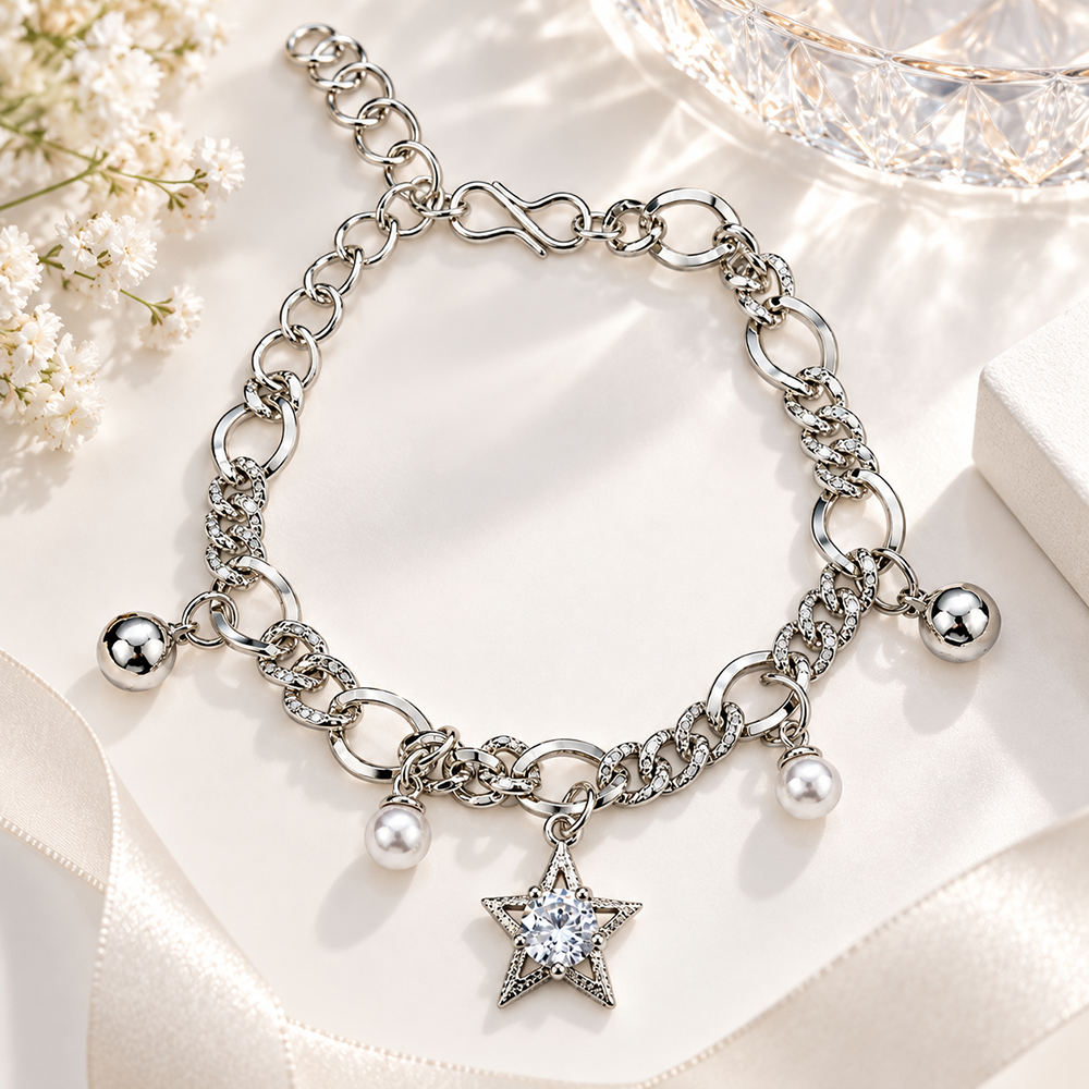 The99Jewel Fashionable Silver Plated With Star Shape Charm Bracelet with Pearl Drops