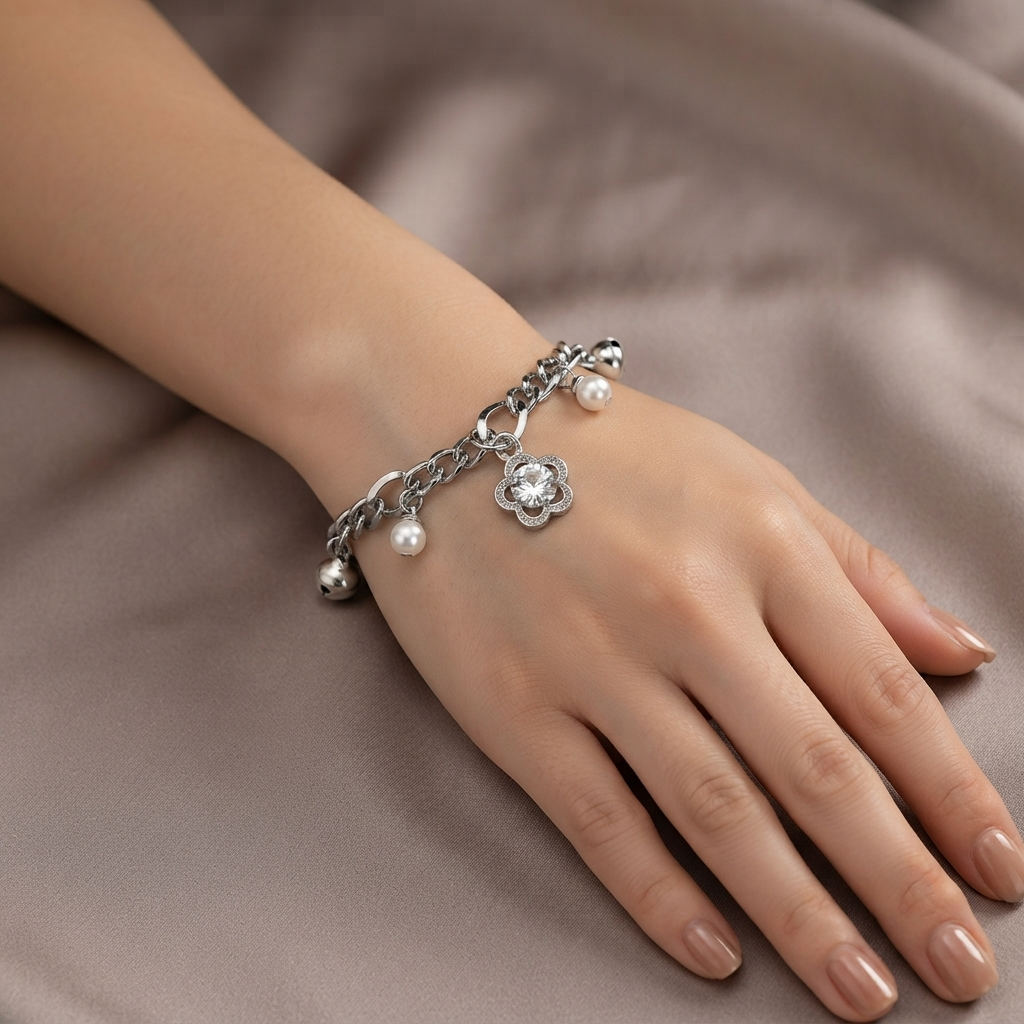 The99Jewel Graceful Silver Plated Austrian Stone Adjustable Bracelet with Flower Shape Charm