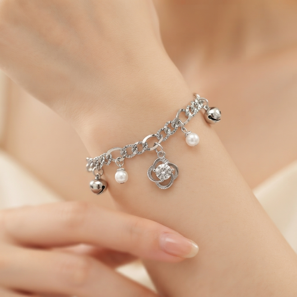 The99Jewel Graceful Silver Plated Austrian Stone Adjustable Bracelet with Flower Shape Charm