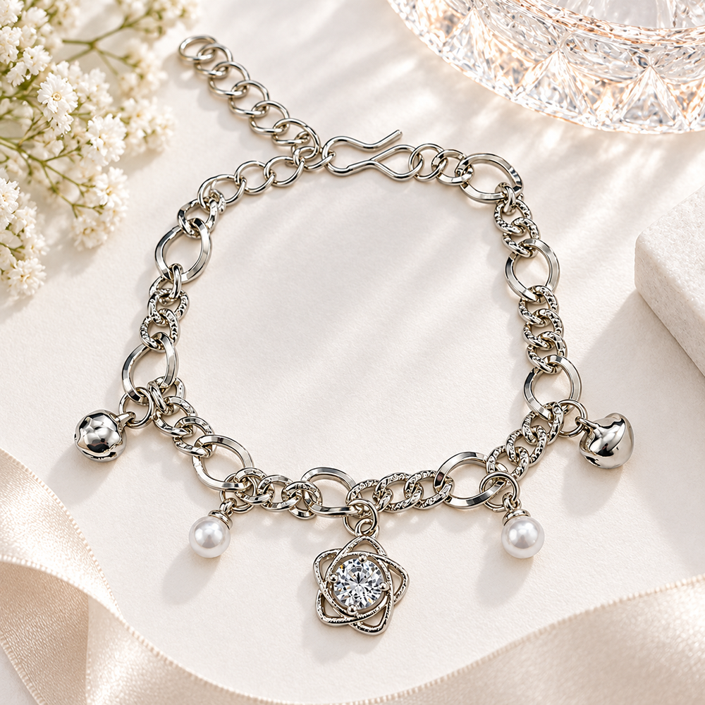 The99Jewel Fashionable Silver Plated With Star Shape Charm Bracelet with Pearl Drops