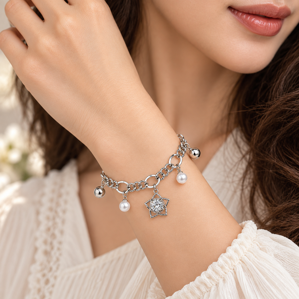 The99Jewel Fashionable Silver Plated With Star Shape Charm Bracelet with Pearl Drops